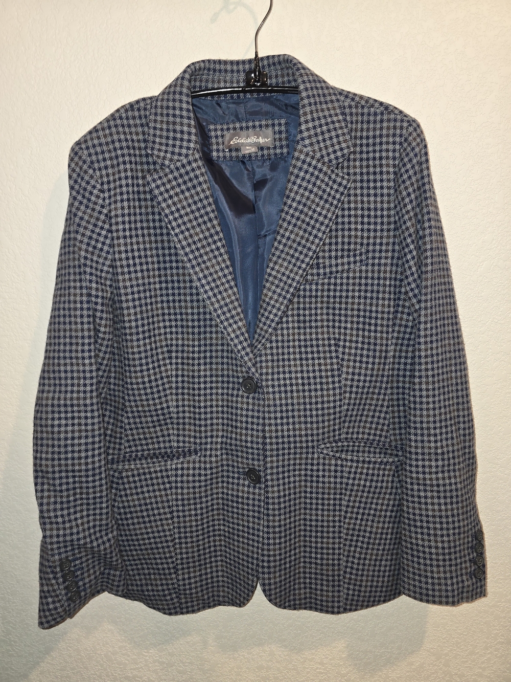 Eddie Bauer Women's 14 Houndstooth Wool Blend Blazer Blue Gray Two-Button